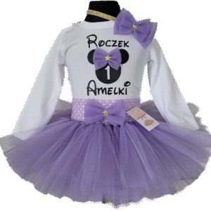 Lawendowy komplet na roczek tutu body z myszką i imieniem