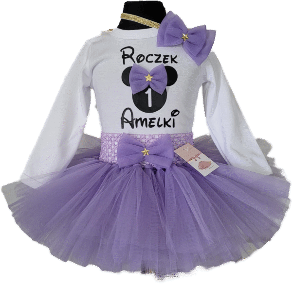 Lawendowy komplet na roczek tutu body z myszką i imieniem