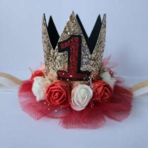 Złota korona na główkę z czerwonym tiulem - cyfra do wyboru