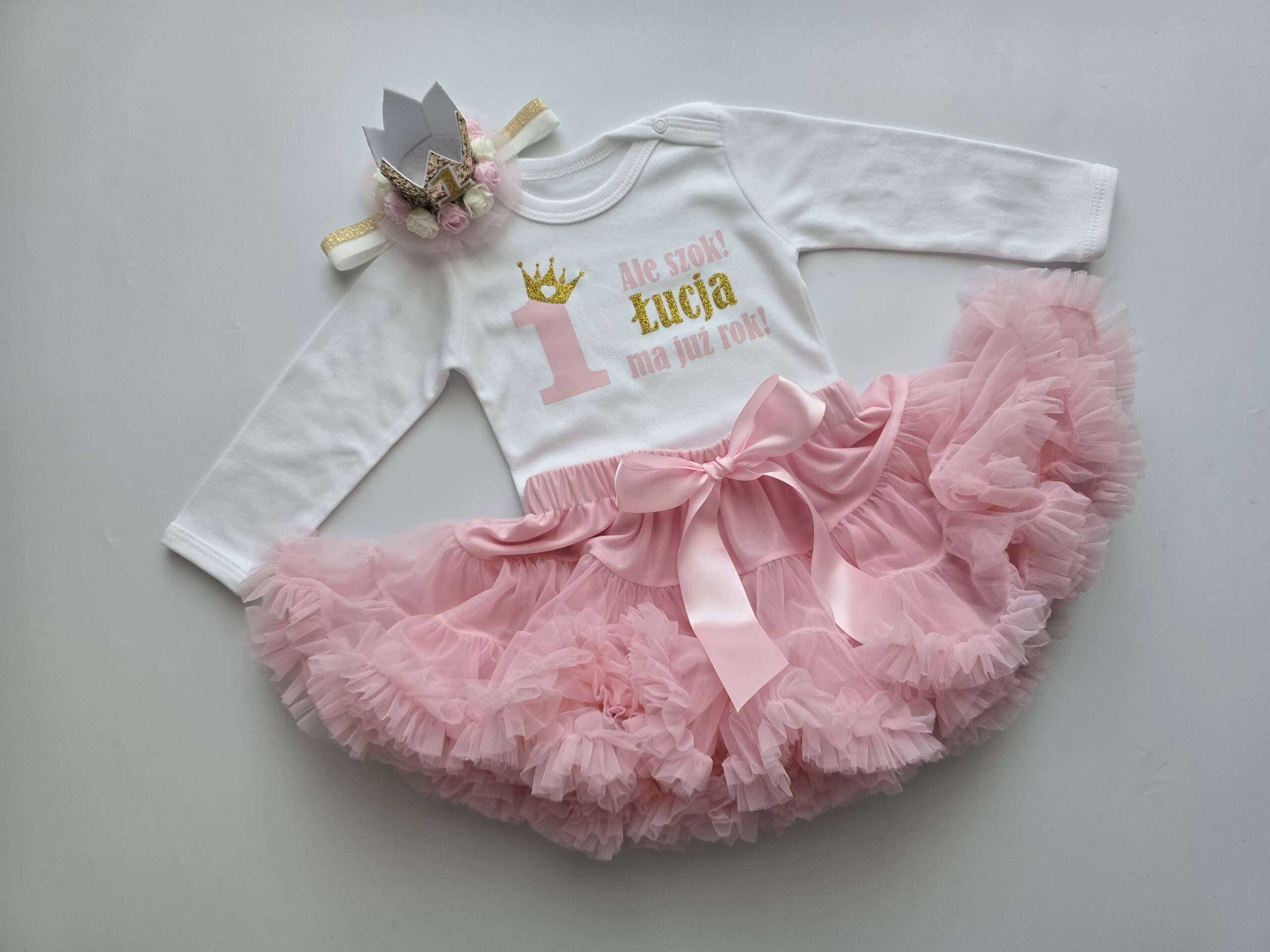 PS02 Komplet na roczek z imieniem spódniczka z falbankami pettiskirt pudrowy róż