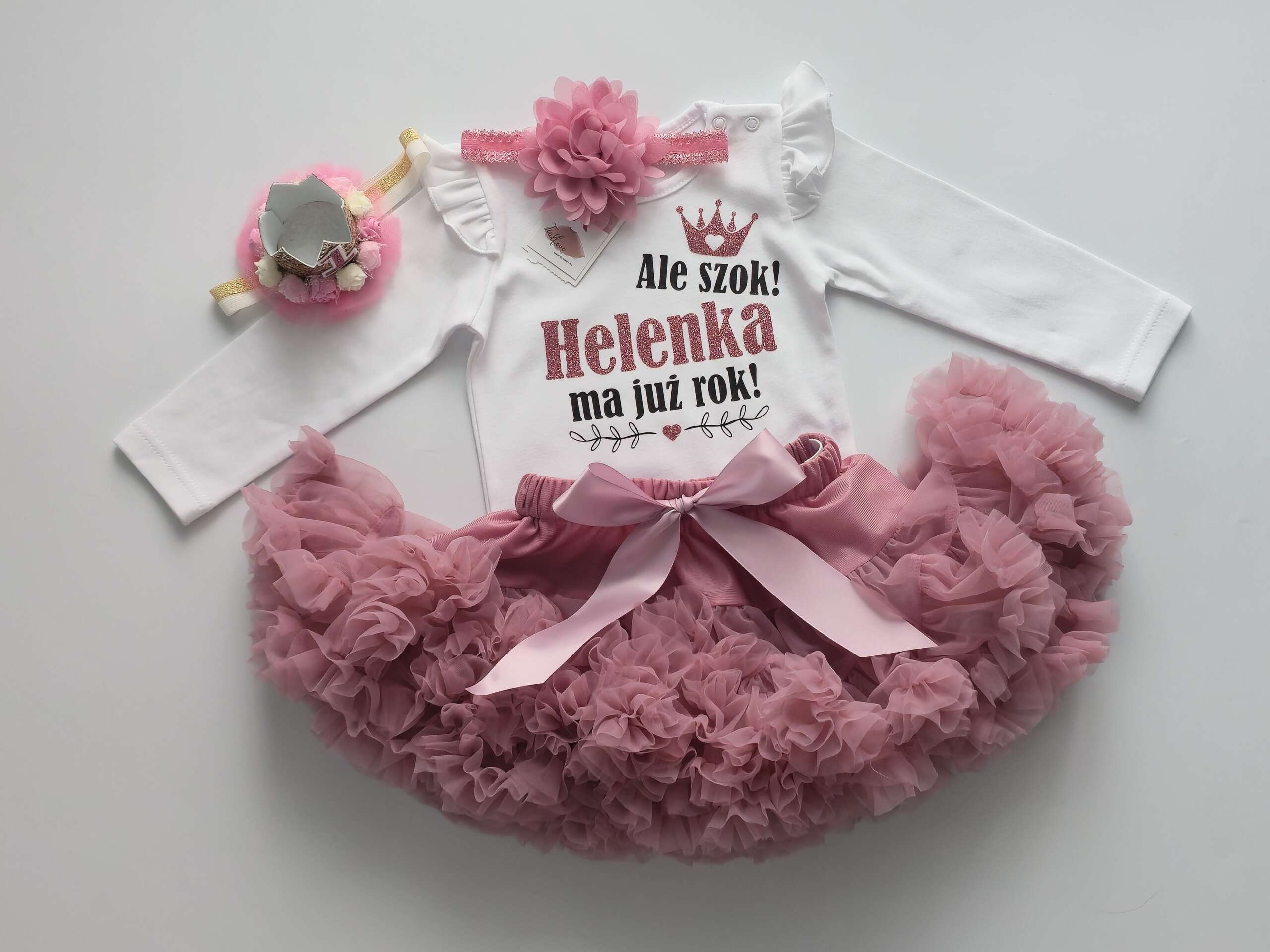 PS01 Komplet na roczek z imieniem spódniczka z falbankami pettiskirt brudny róż
