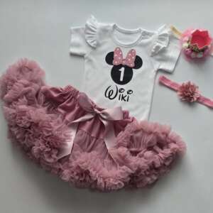 PS04 Komplet urodzinowy z myszką spódniczka z falbankami pettiskirt brudny róż