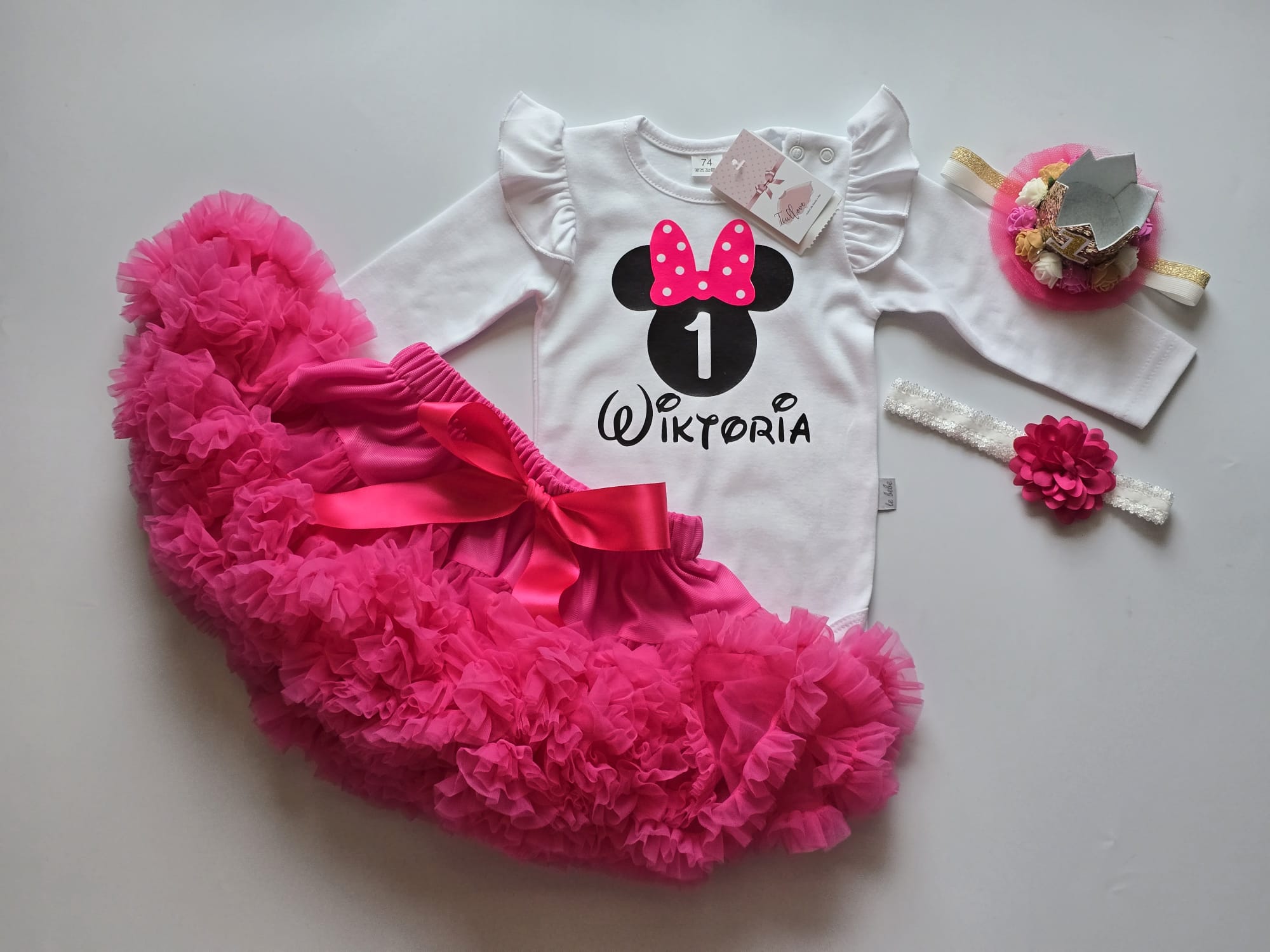 PS05 Zestaw rodzinny urodziny roczek spódniczka z falbankami pettiskirt fuksja, body i koszulki dla rodziców