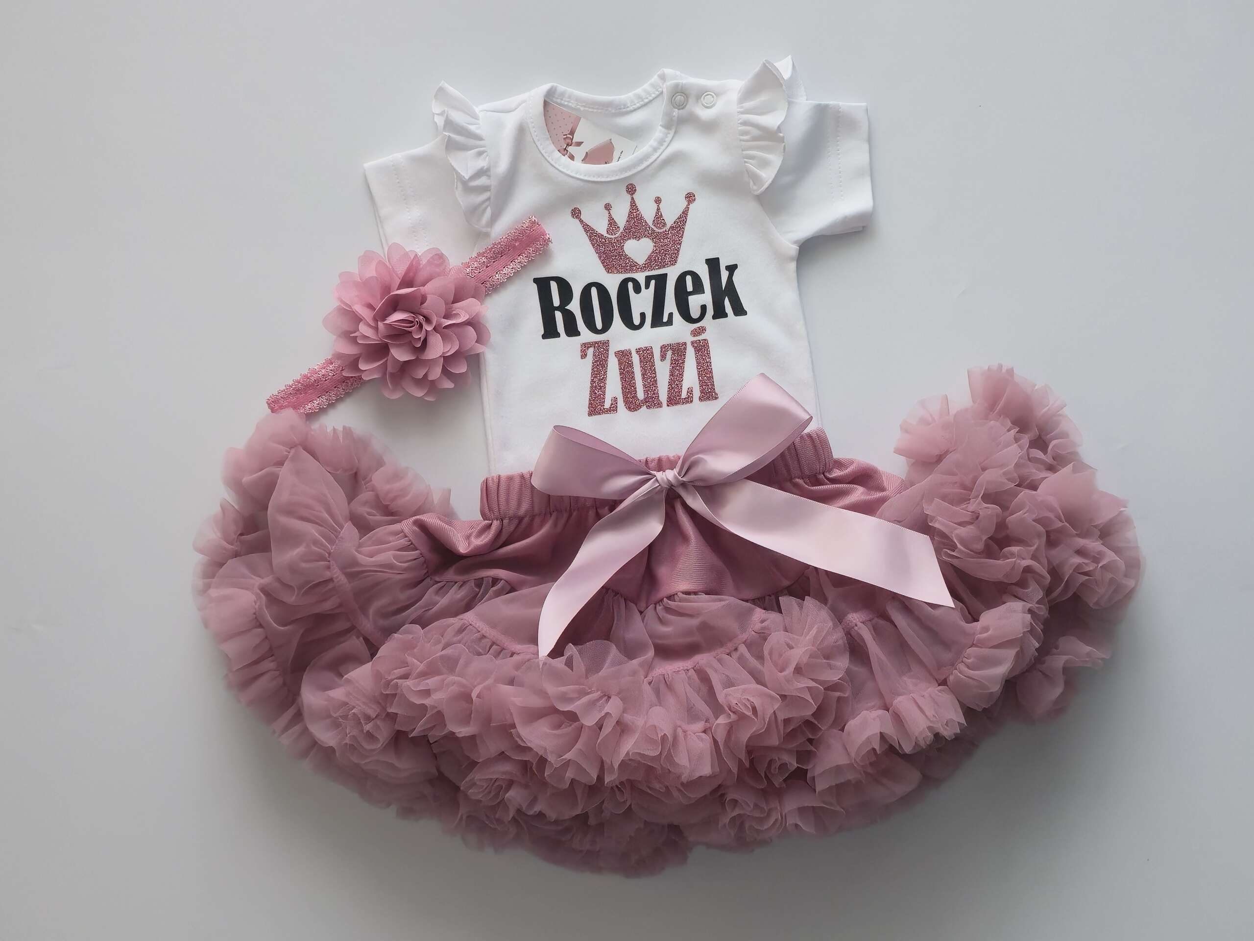 PS17 Komplet na roczek dziewczynki tiulowa spódniczka Pettiskirt BRUDNY RÓŻ