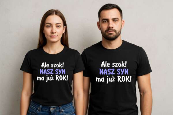 Czarne koszulki dla rodziców na roczek chłopca