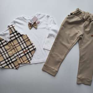 Urodzinowy komplet chłopięcy chłodny beż, koszulka z imieniem, kamizelka w kratę NA WYMIAR