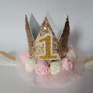 Złota korona na główkę, tiul jasny róż - cyfra do wyboru