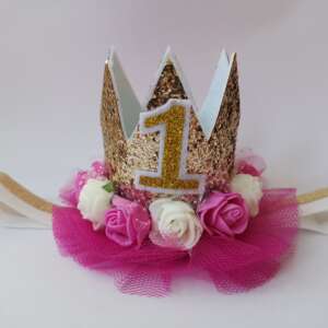 Złota korona na główkę, tiul fuksja - cyfra do wyboru