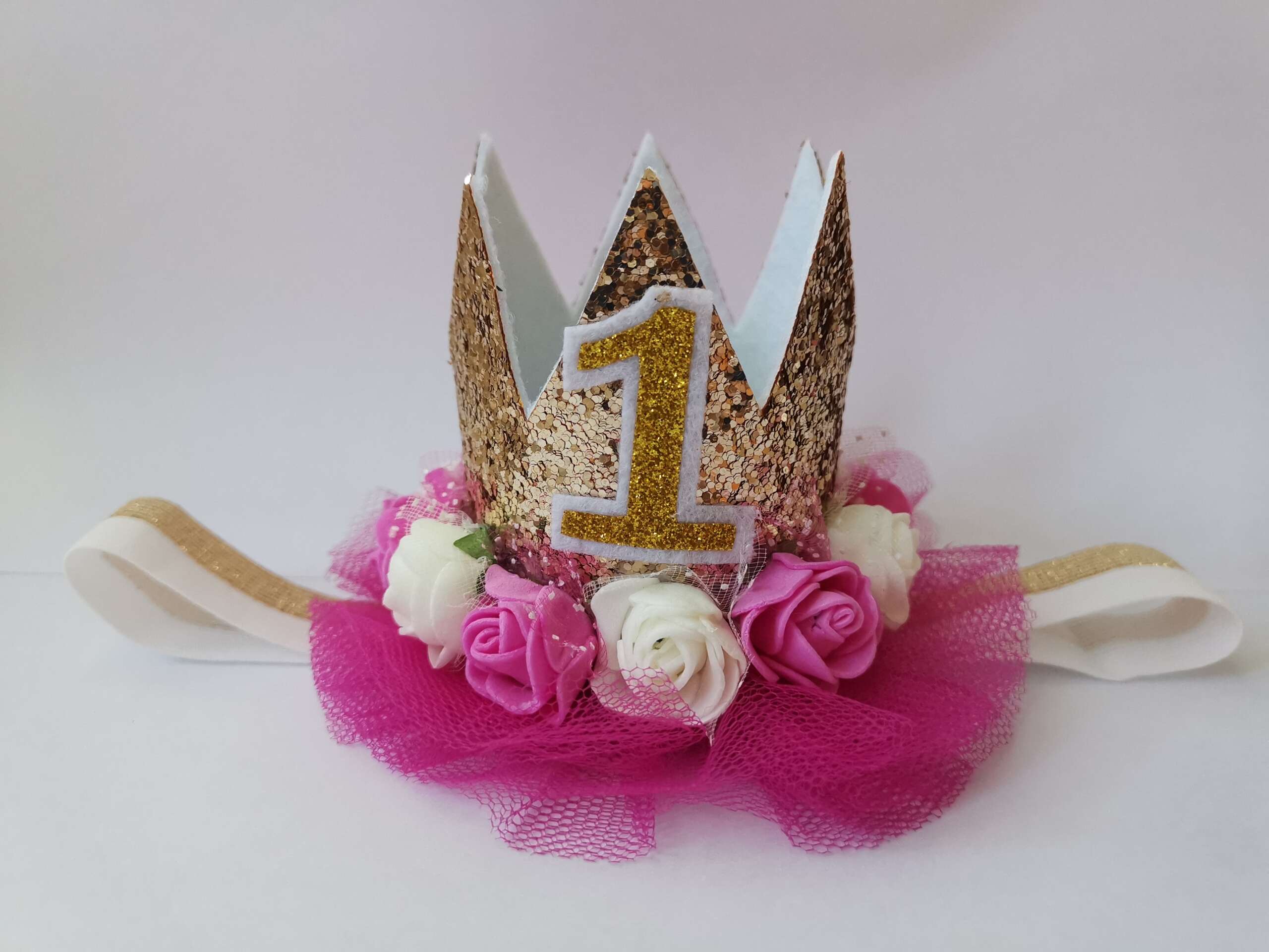 Złota korona na główkę, tiul fuksja - cyfra do wyboru