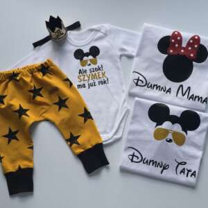 Zestaw rodzinny na roczek chłopca spodnie baggy MUSZTARDOWE body koszulki dla rodziców