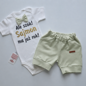 Komplet chłopięcy na roczek krótkie/długie spodnie MLECZNA MATCHA