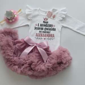 PS46 Gwiazda rodziny! Pettiskirt brudny róż + body z personalizacją