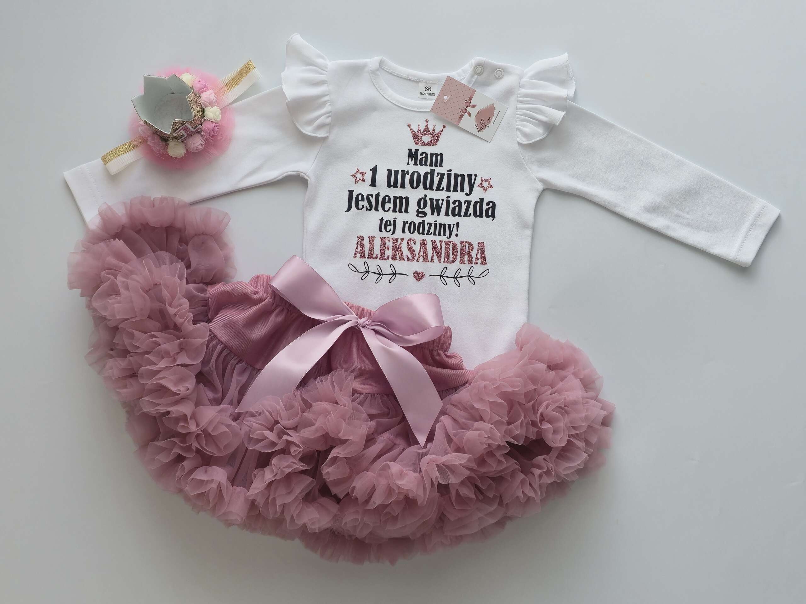 PS46 Gwiazda rodziny! Pettiskirt brudny róż + body z personalizacją