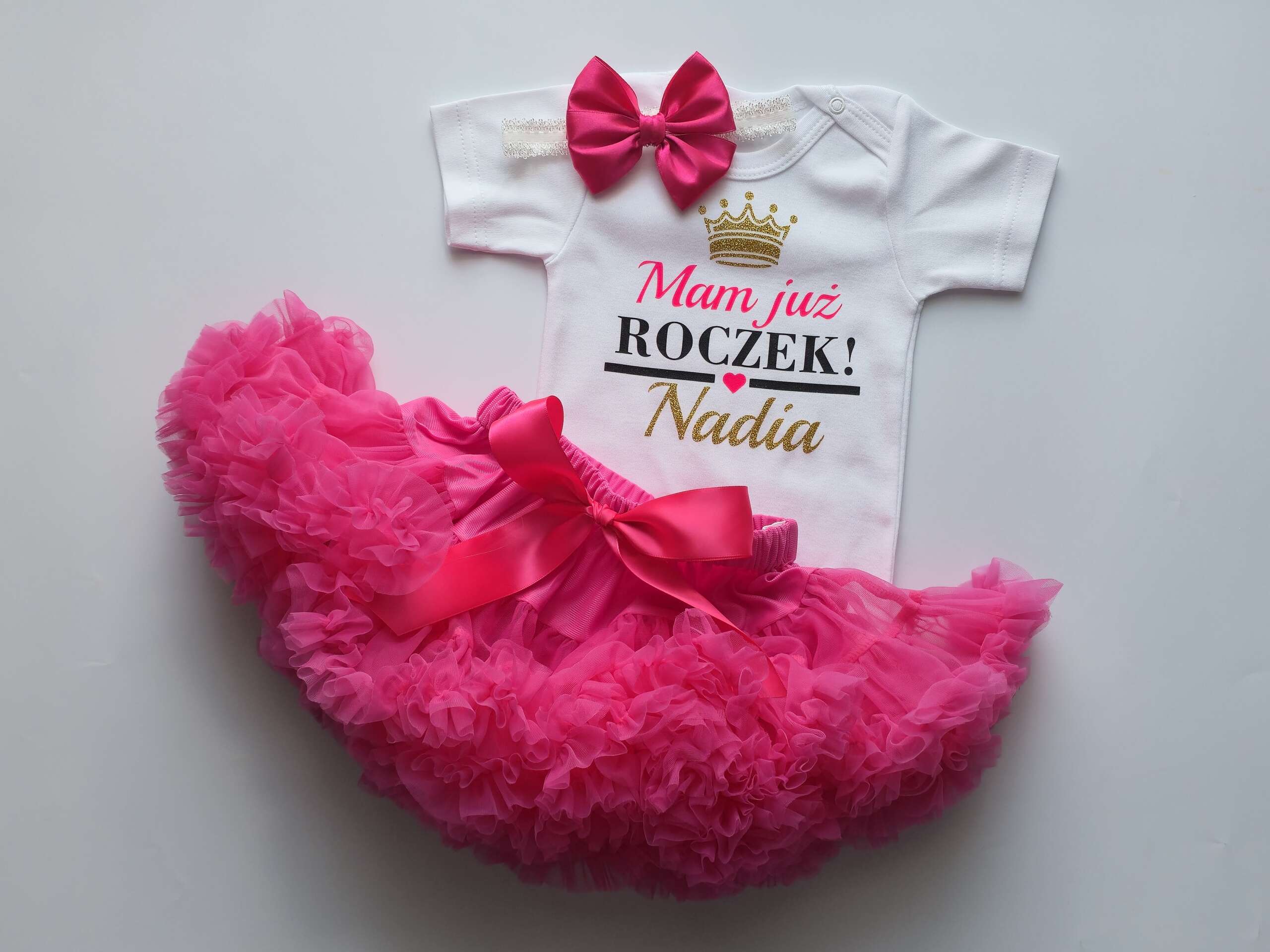 PS45 Mam już roczek! Pettiskirt fuksja + personalizowane body